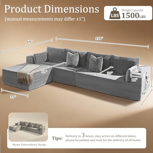 Image of 138 inch Oversized Cloud Sectional Couch, Comfort L Shaped Boneless Couch for Living Room, Extra Deep Seats No Assembly, Minimalist Modular Sofa, Corduroy (Light Grey, 3 seater+Right Facing Chaise)