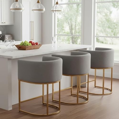 Contemporary Grey Velvet Bar Stools Set of 3, 24" Counter Height