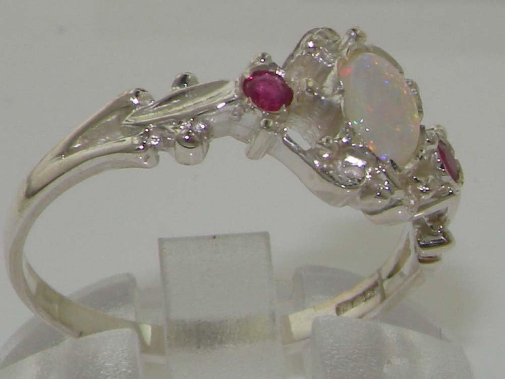 925 Sterling Silver Real Genuine Opal and Ruby Womens Band Ring