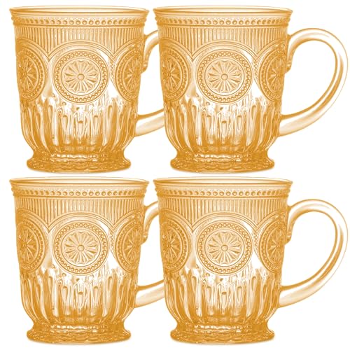 Yungala Amber Glass Mugs Set of 4 Hobnail Coffee Mugs 10 oz