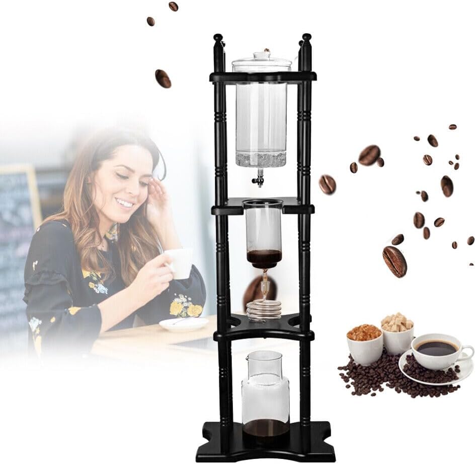 Ice Drip Coffee Maker 2500ml Cold Brew Coffee Tower Slow Drip Japanese Cold Brew Maker Drip Ice Coffee Tower Glass Dutch Coffee Dripper with Wood Straight Frame (Black)