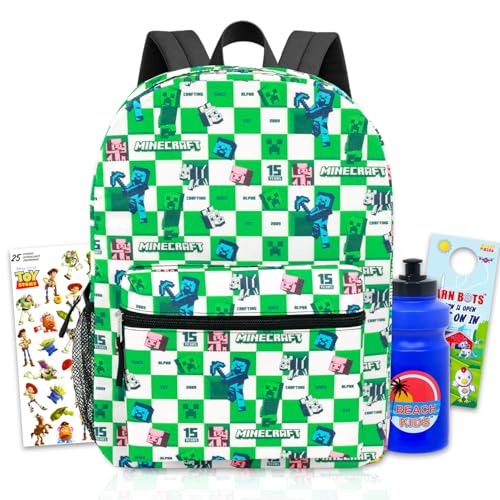 Minecraft Conjunto de mochila – Pacote com mochila de videogame de 41 cm, garrafa de água, adesivos, mais | Conjunto de mochila escolar Minecraft Creeper para crianças, meninos