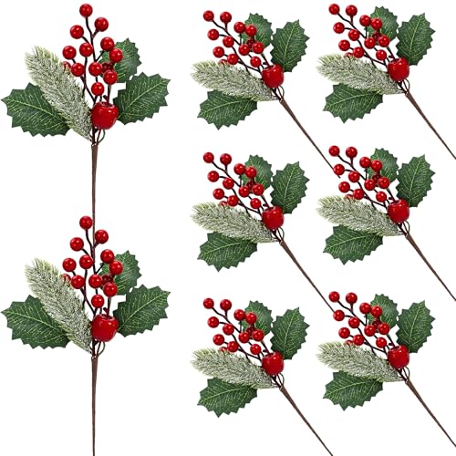 Caciri Artificial Christmas Picks 8Pcs Christmas Sprays Picks with Red Berry Stems Holly Faux Floral Branches for Xmas Tree Filler Wreath Garland Winter Holiday DIY Crafts Decorations (8)