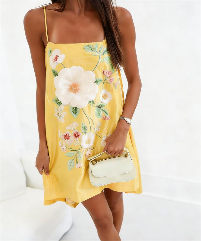 Image of Women Boho Floral Mini Cami Dress Spaghetti Strap Flowy Sling Dress Graphic Backless Summer Holiday Sundress