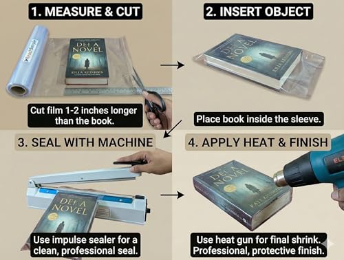 Image of ReachSimple PVC Heat Shrink Wrap Sleeve [240mm / 9.4 inch] - 10 Meters - 30 Microns thickness - Transparent Film for Packaging Books & Small Boxes (Requires Heat Gun)