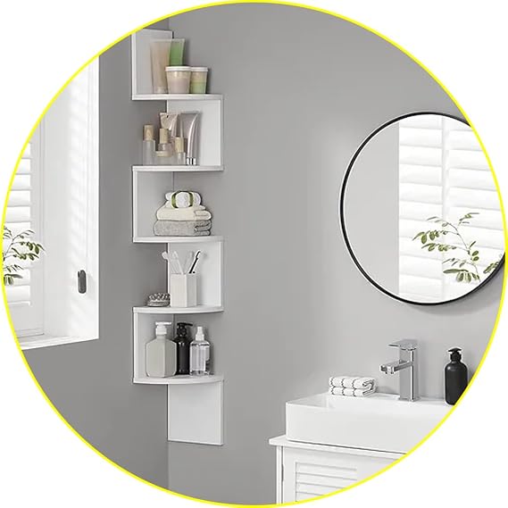 Zuvo Floating Corner Shelf 5 Tier - White Corner Bookshelf, Wall Mounted