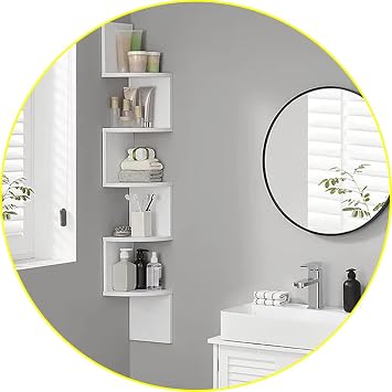 Zuvo Floating Corner Shelf 5 Tier - White Corner Bookshelf, Wall Mounted