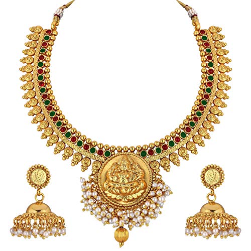 Aheli Indian Traditional Temple Necklace Jhmki Jhumka Dangle Earring Set Studded with Faux Stone Bollywood Wedding Jewelry Gift for Women