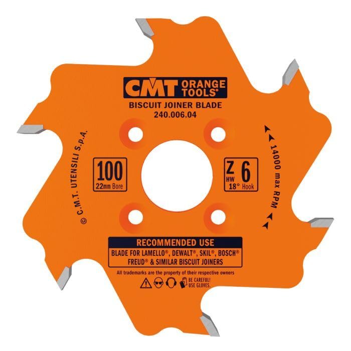 HandyCT Biscuit Joiner Blade, 4" Carbide, 10 Teeth, 22 mm Arbor Hole, Orange, Wood Compatible