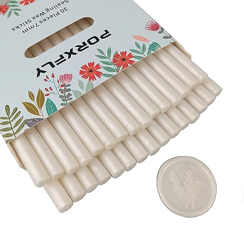 30 Stück 7mm Siegel Wachs Sticks für Klebepistole, PORXFLY Mini-Siegelwachsstäbe, ideal für Karten, Umschläge, Hochzeitseinladungen, Geschenkverpackungen, Weinpakete (Perlweiß)
