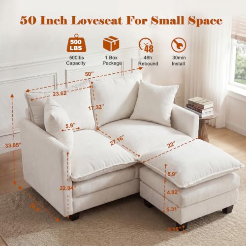 Image of 50'' Loveseat Sofa Set with Ottoman, Small Couch Set 2 Piece Cloud Love Seat 27 inch Deep Seat Washable Pillows Couches for Small Spaces Apartment Living Room, Beige