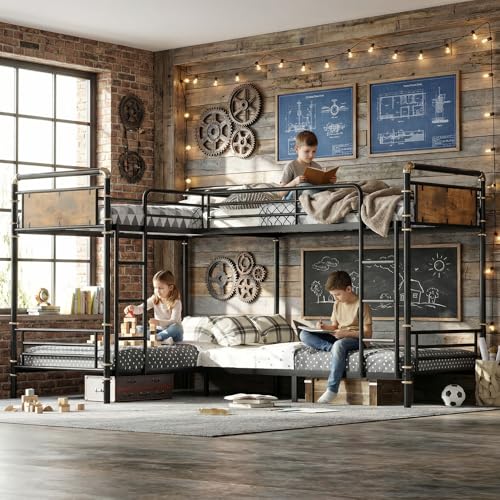 MoproBeti Metal 4 Bed Bunk Beds Heavy Duty Industrial L-Shaped Bunk Bed with Ladders Detachable Corner Quad Bunk Bed for Kids Teens Space Saving Design Can Be Divided Into 3 Twin Beds Black