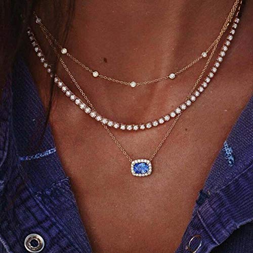 Preisvergleich Produktbild Jovono Böhmen Multilayered Choker Halskette Kristall Blau Strass Anhänger Halskette Schmuckkette für Frauen und Mädchen (Gold)