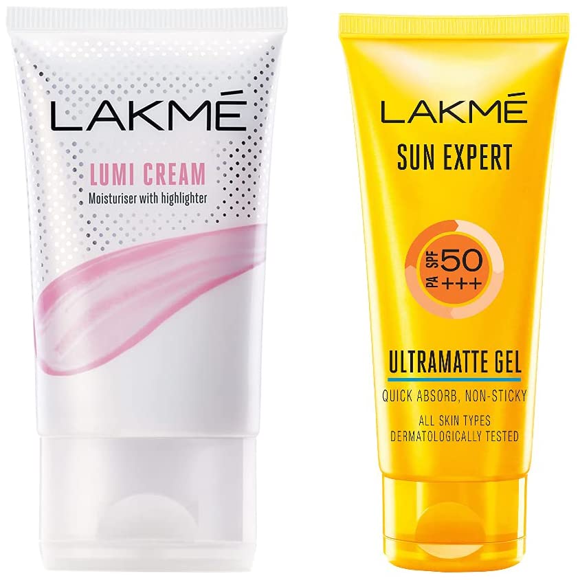 Image of Lakme Sun Expert SPF 50 Gel, 50 g & Lakme Lumi Cream,Moisturizer with highlighter, Enriched with Niacinamide for all skin type,30 gm