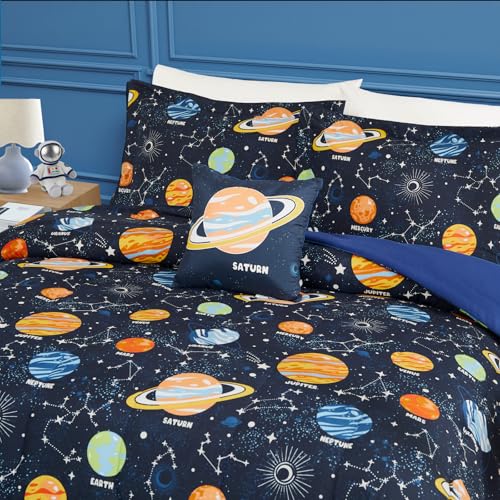Glow in The Dark Kids Comforter Set Full Size for Boys Girls Teen, Space Bedding Set 1 Comforter, 1 Decor Pillow, 2 Pillow Shams