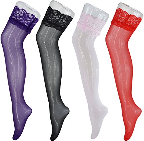 4 Pairs Heymei Womenâ€™s Sexy Lace High Elastic Silk Stockings Over Knee Hose WH01 (Multi(Purple Black Pink Red))