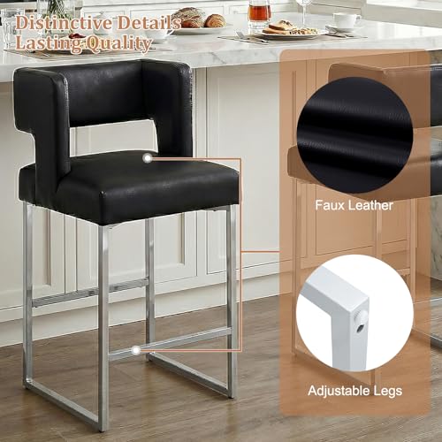 Image of 26 inch H Bar Stools Set of 4 with Back, Faux Leather Counter Height Stools with Footrest, Square Metal Frame, Modern Upholstered Bar Chairs for Kitchen Island /Dining Room, Black & Silver Legs