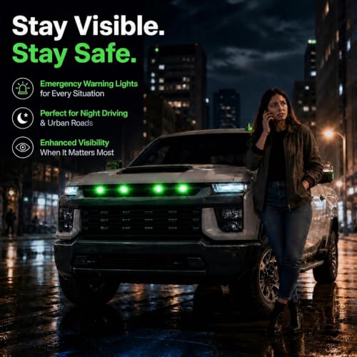 Image of Car Front Grill Set of 4 Pcs Universal Smoked Shell Style DRL Emergency Warning Off-Roading Lights (4 X 4) for All Cars, Vans, SUV, Trucks (Green)