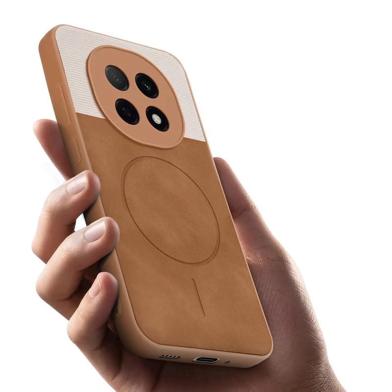 Image of Bintage case Dual-Leather Macc-Safe Design Phone Case| Soft Touch Finish | Full Camera Protectection Back Cover Compatible for Oppo CPH2705 /Oppo F29Pro 5G - White & Nut Brown