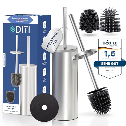 DITI Klobürste Runde Silikon Silber Matt Edelstahl 304 gebürstet WC Bürste Rostfrei Toilettenbürste mit Halter & Spritzschutz Inkl Ersatzbürsten Antibakterieller für eine Gründliche Reinigung