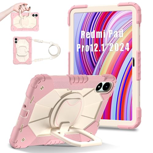 FONREST Funda portátil resistente para Xiaomi Poco Pad/Redmi Pad Pro 12.1'' 2024 con soporte giratorio/Anillo colgante de elevación con asa de cuerda híbrido, resistente, a prueba de golpes, cubierta