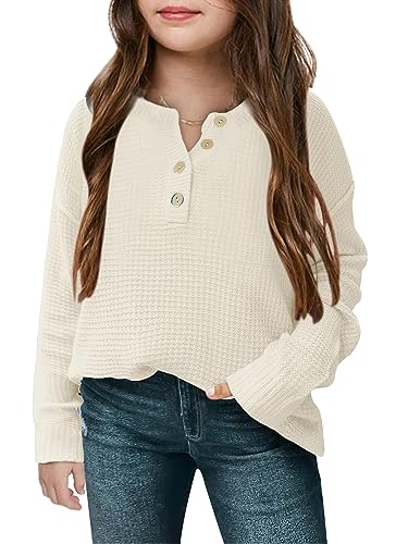 rrhss Girls Waffle Knit Sweaters Trendy Henley Button V Neck Long Sleeve Pullover Jumper Tops