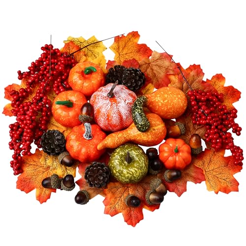 60 Pcs Fall Harvest Decor Set Artificial Pumpkins, Gourds, Maple Leaves, Acorns & Pinecones for Thanksgiving, Autumn Table Centerpieces, Tiered Trays, Farmhouse Home Decorations