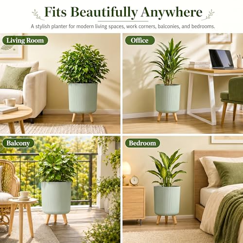 Image of Eightiz Store Modern Light Green Flower Pot with Plastic Legs | Indoor Outdoor Planter for Home Garden Balcony Decor Ribbed Design Sturdy Plastic Mid-Century Style (Light Green, Pack of 2)