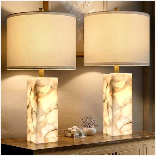 Scenekoy 23 Alabaster Table Lamp Set of 2 with Night Light for Living Room