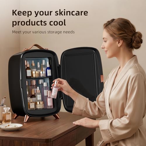 Image of Antarctic Star 6L /8 Cans Makeup Mini Refrigerator with Dimmable LED Light Mirror for Bedroom, Car, Office & Dorm,Portable Small Cooler for Cosmetics,Skin Care,BLACK