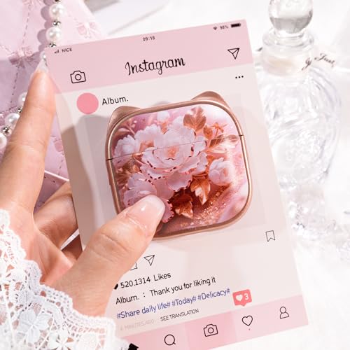 Image of for AirPods 4 Case with Cleaning Kit, Cute Cat Ear Print Design & Cute Buckle, Inverted Phone Holder Design, Top Safe Lock Buckle Design, for Girls AirPods 4 case 2024, Rose Gold Peony