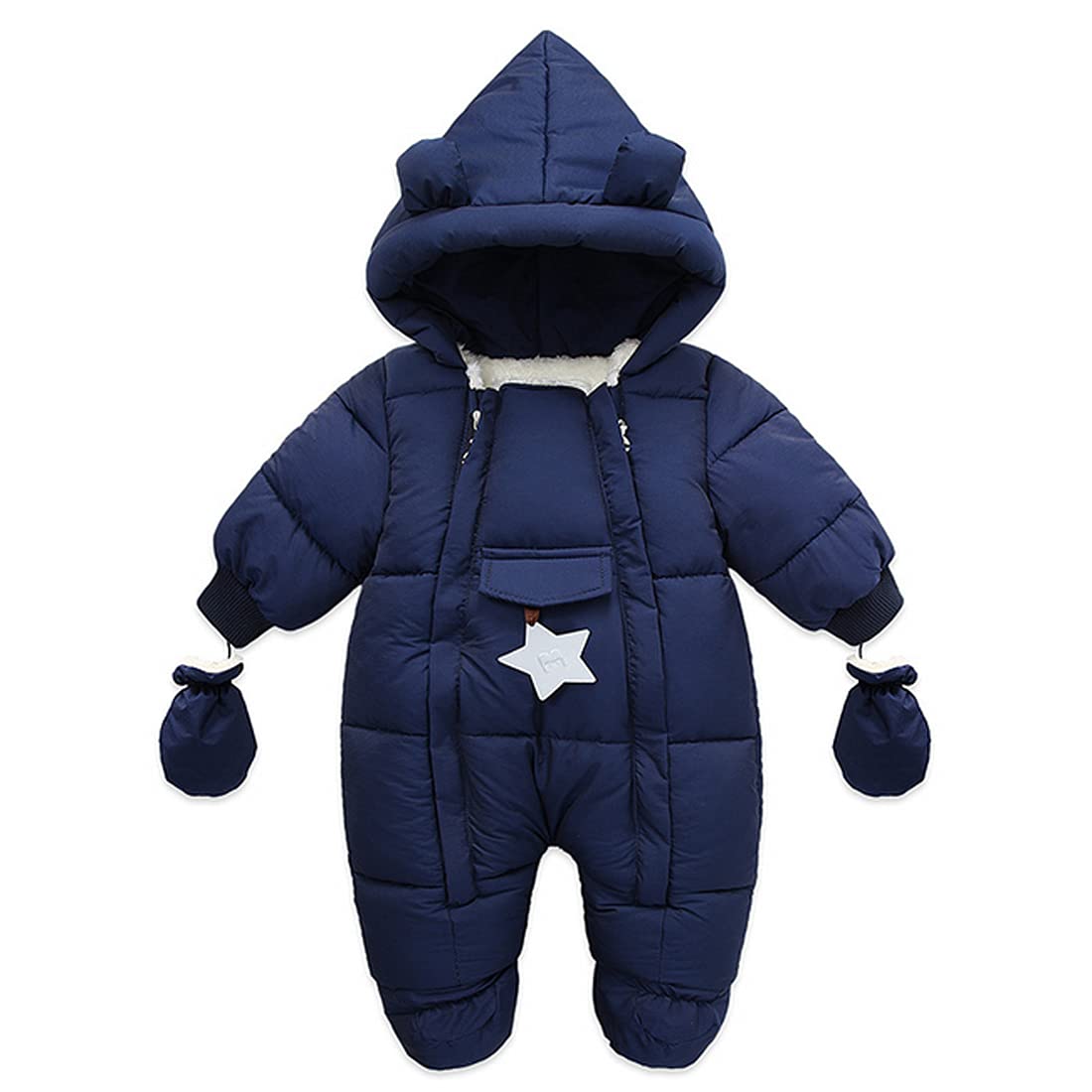 DINGDONG'S CLOSET Baby Boys Girls Winter Snowsuit Ears Hooded Star Puffer Padded Outwear with Mittens(Navy, 9-12M)