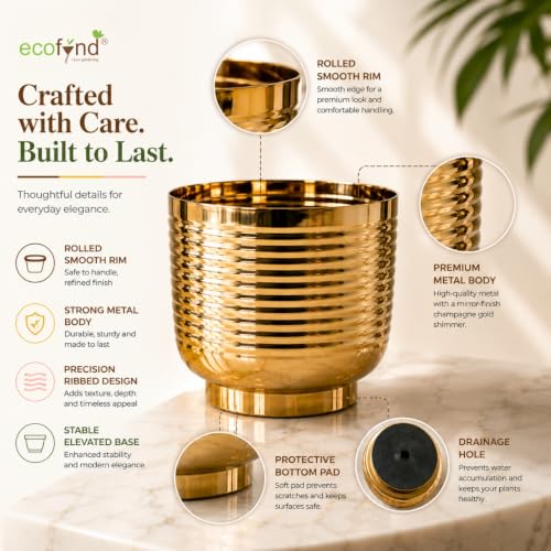 Image of ecofynd 1 Pack Metal Plant Pots (7 inch), Indoor Small Planter Flower Pots, Home Garden Decor Planter for Living Room Bedroom Interior (Gold Finish, POT049)