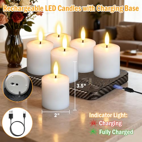 Image of GenSwin Rechargeable Votive Candles Battery Operated with Charging Base, 6 Pack LED Flameless Battery Votive Candles with Remote Timer(White, Real Wax, 2 x 3.2 Inch)