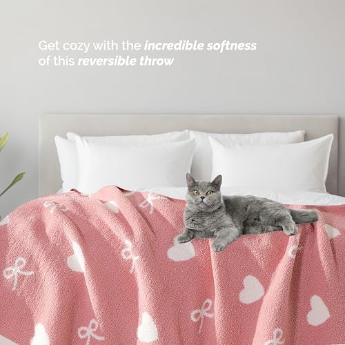Image of Elegant Comfort Valentine's Day Knit Throw Blanket, Hearts and Bows Super Soft Cozy Fluffy Warm Throw Blankets for Couch, Sofa, Chair, Bed, Camping, Picnic, Travel Lightweight Bed Blanket (50 inch x 70 inch)