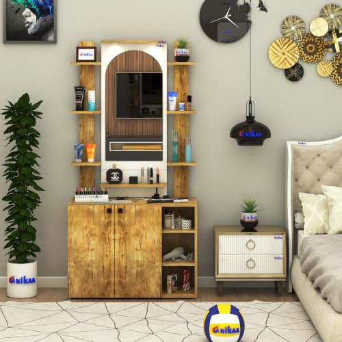 Image of Anikaa Venza Engineered Wood Dressing Table with Wall Mounted Mirror & LED Lights Open Shelf | Makeup Vanity Storage Cabinet with Soft Closed Hinge Door for Bedroom -(Giantwood /White) DIY Installation