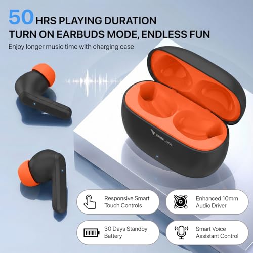 Image of Vaku Luxos SONAIR TWS Bluetooth 5.4 Earbuds | 60H Playtime | Touch Controls | Type-C Fast Charging | 10mm Driver | Voice Assistant | Deep Bass Wireless Earbuds with Charging Case- Black /Orange