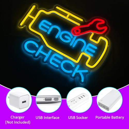 Image of Check Engine Neon Sign for Wall Decor, LED Garage Neon Signs Car Neon Sign USB Powered Neon Wall Signs for Man Cave Auto Repair Shop Workshop Party Birthday Gift
