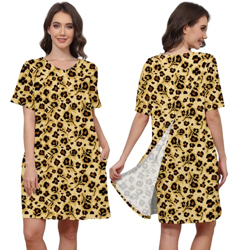 Image of Hospital Gowns for Women Open Back Tear Away Snap Post shoulder Dress Short Sleeve Soft Adaptive Clothing with Pockets
