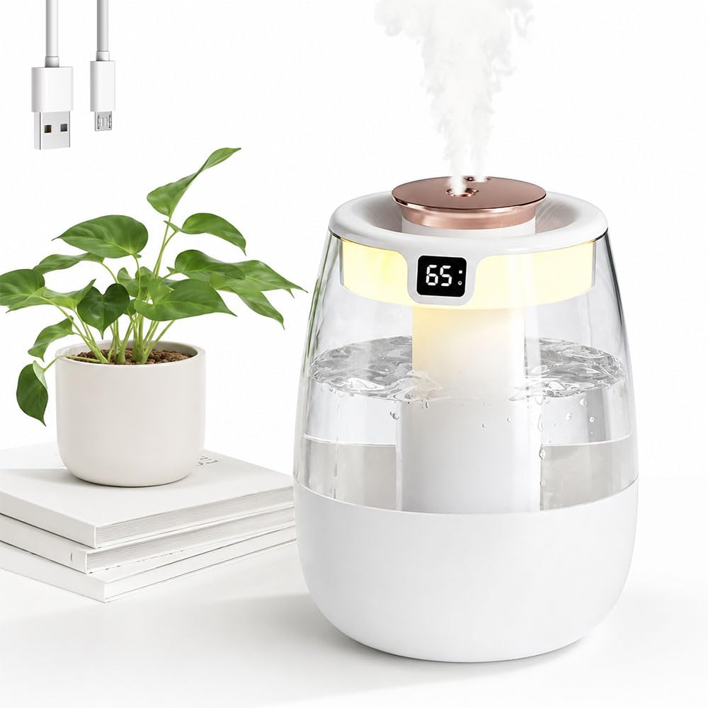 Humidifier for Bedroom, 1.3L Double Spray Cool Mist Humidifier with 3 Modes, 20dB Ultra-Quiet Air Humidifiers with Night Light and Essential Oil Diffuser for Home, Nursery, Office, Plants