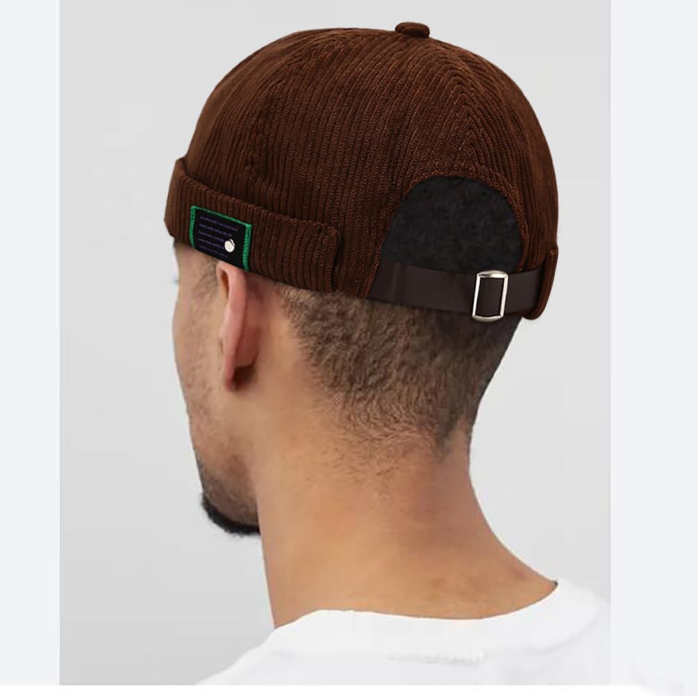XYIYI Brown Men Corduroy Brimless Hats Docker Cap Sailor Cap Worker Hat Rolled Cuff Retro Beanie Hat