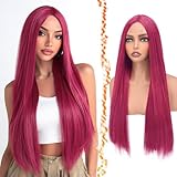 BARSDAR ロング ストレート ホットピンク ウィッグ - ロング ストレート ミドルパート ホットピンク ウィッグ 女性用 - 28 インチ ナチュラル ルック 厚手 ソフト 合成 デイリー パーティー ハロウィン Kpop ミラコスチュームウィッグ
