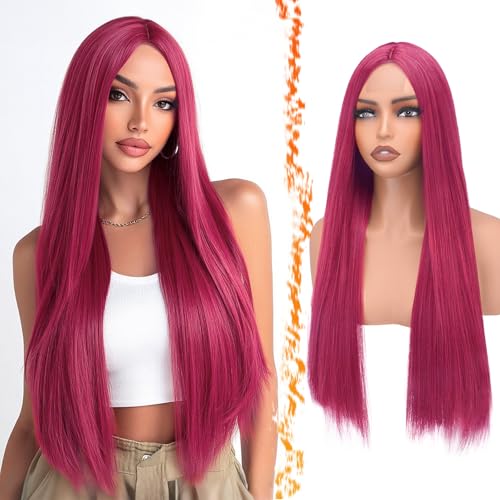BARSDAR Lunga Lisci Hot Rosa Parrucche, Lunga Lisci Parte Centrale Hot Rosa Parrucca per Donna 71cm Dall'aspetto Naturale Sintetici Capelli Sostituzione Capelli Parrucca Partito Halloween Parrucche
