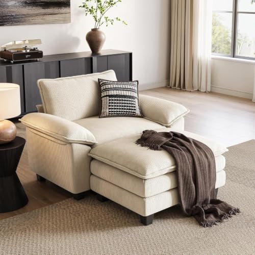 Image of LINSY HOME Cloud Sofa Accent Chair with Ottoman Chaise Lounge Chair Indoor, Corduroy Couch Sofa Chair Perfect for Living Room, Apartment, Office, Beige