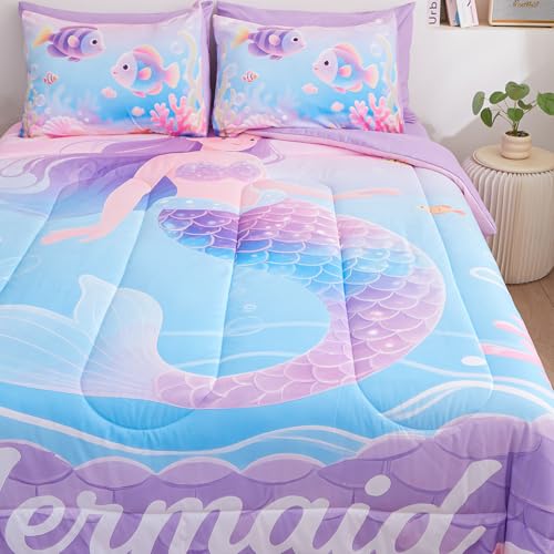 Image of 5 Pieces Twin Comforter Set for Girls, Mermaid Twin Bedding Set, Ultra Soft and Fluffy, Ocean Fish Tail Bed in a Bag for Kids Teens