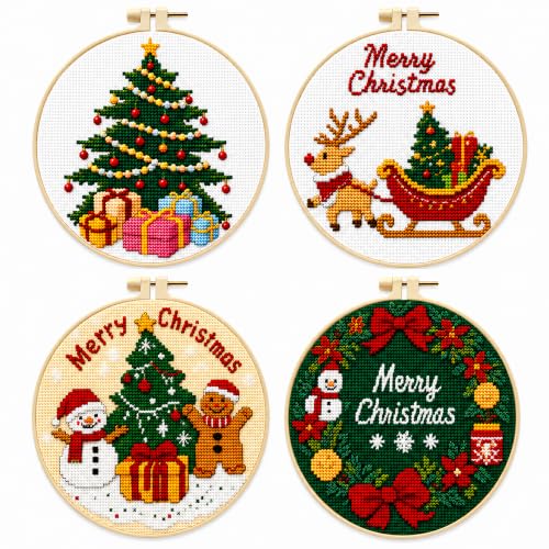 Image of Zhenqing 4 Pack Christmas Stamped Cross Stitch Kit, 11CT Printed Santa Reindeer Snowman Gingerbread Tree Wreath Patterns with Hoop and Tools, DIY Holiday Embroidery Set for Beginners