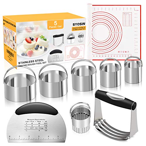 SYOSIN Pastry Cutter Set,5 Pack of Pastry Cutter,Biscuit Cutters set,Dough Scraper and Silicone Baking Mat,Stainless Steel Dough Cutter Scraper Blender Set for cooking cookies and donuts