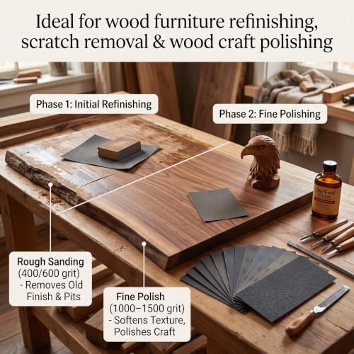 Image of Abrasive Dry Wet Waterproof Sandpaper Sheets Assorted Grit of 400 / 600 / 800 / 1000 / 1200 / 1500 for Furniture, Hobbies and Home Improvement (12 Sheets)