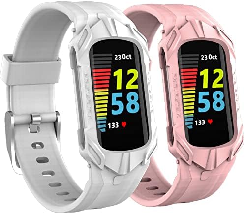 Surundo 2 Pack Bands Compatible with Fitbit Charge 5 Bands with Case for Soft Silicone Strap with Shatter-Resistant Protective Frame for Fitbit Charge 5 Advanced Fitness Tracker/Health Tracke