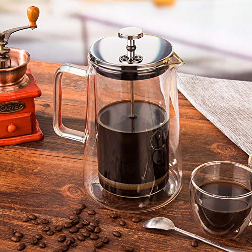 French Press Coffee Maker, Double Wall Vacuum Insulated Thermal Borosilicate Glass, 4 Level Filtration System with No Grounds, 34 Oz, 1000ML - Thumbnail 2